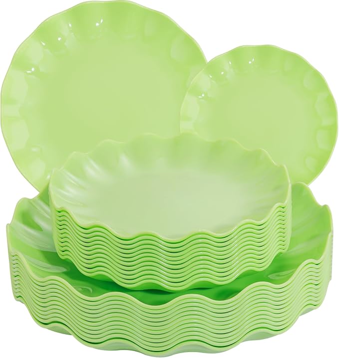 LIYH 24Pcs Sage Green Unbreakable Plastic Plates for Birthday Scalloped | Premium food-grade shatterproof reusable dinnerware. Elegant scalloped edges, ideal for serving desserts at any gatherings.