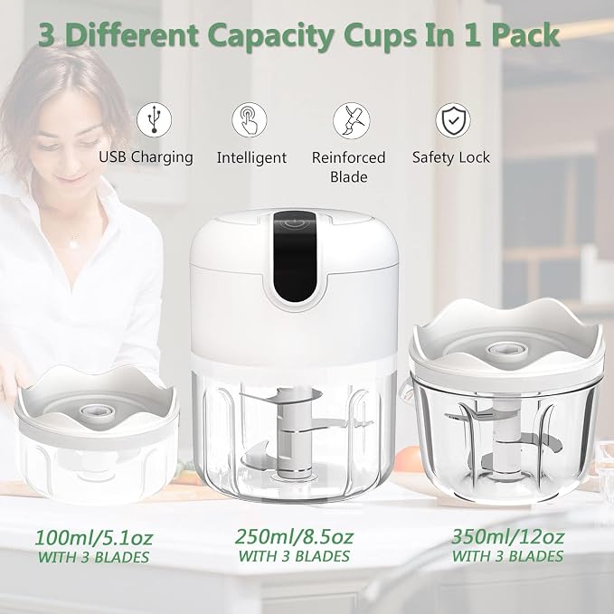 White 3 CUP Electric mini garlic crusher, USB rechargeable portable electric food crusher, wireless small kitchen processor for crushing garlic, ginger, chili, minced meat, onions, etc.