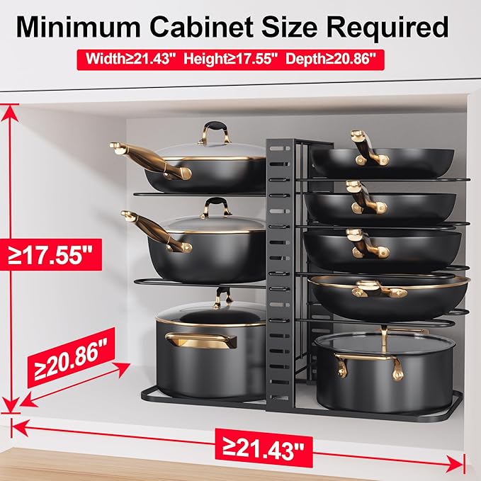 MUDEELA 8-Tier Lightweight Pots and Pans Organizer under Cabinet, 14.55" H | 3 DIY Methods, Adjustable pot rack, Fits 6"-11" pots and pans, Pot lid organizer inside cabinet, Kitchen storage