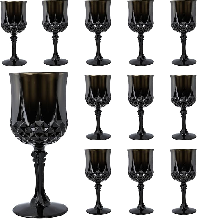12Pack Plastic Wine Glasses, 7oz Vintage Goblets for Wedding | Unbreakable Crystal Style Reusable Stemware, Elegant Black Drinking Glass for Party Anniversary & Holiday Celebration