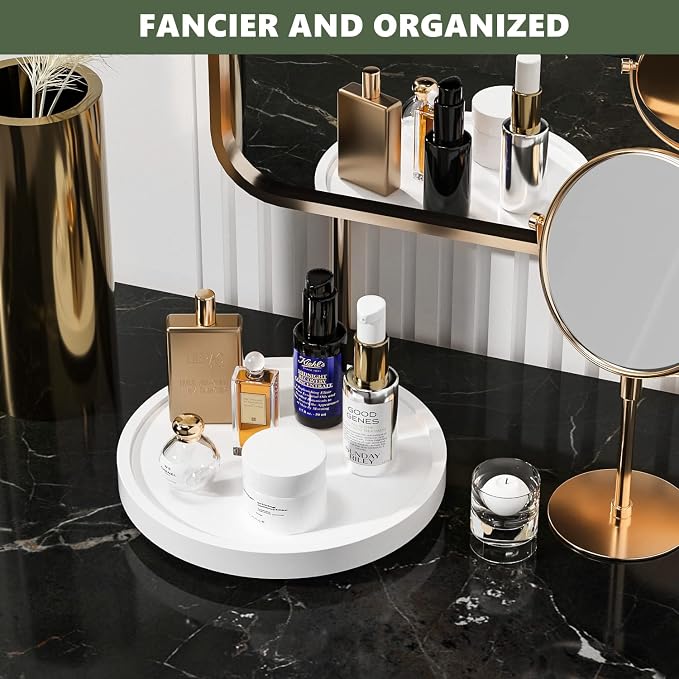 Turntable Vanity Tray, 9 Inch Bamboo Kitchen Sink Countertop Organizer | Perfume Candle Tray, Keep Glass Sponge and Soap, Bathroom Countertop Organizer, White