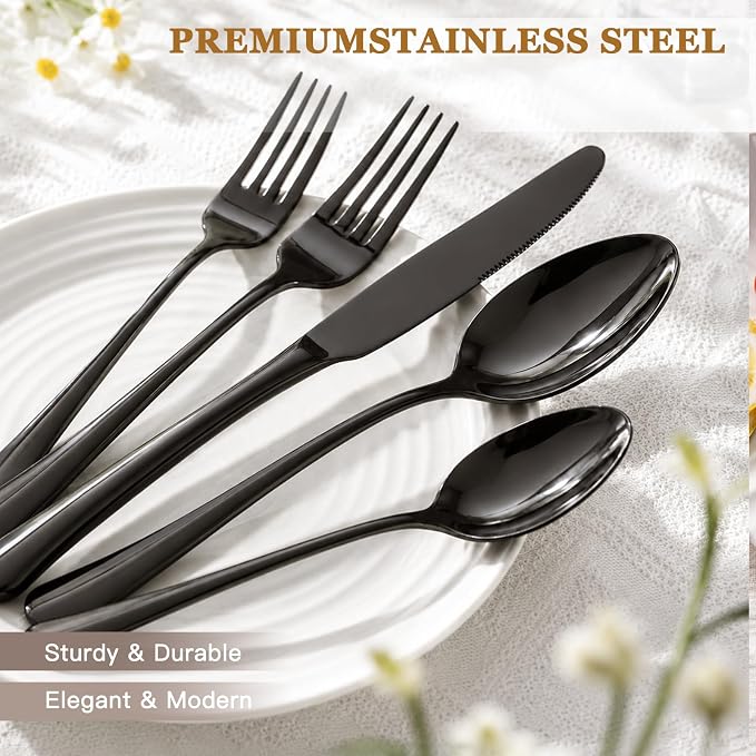 Astercook Silverware Set 48-Piece Black Flatware Set with Steak Knives Food-Grade Stainless Steel Cutlery Set for 8 Mirror Polished Utensils Set Include Spoons and Forks for Home Kitchen Restaurant