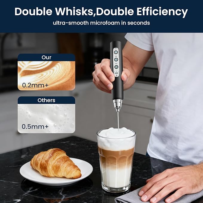 Milk Frother Wand Rechargeable Handheld Electric Whisk 3 Speed Adjustable | Coffee Frother Wand with 3 Stainless Whisks Electric Foam Maker Drink Mixer Blender for Latte Cappuccino Matcha Egg