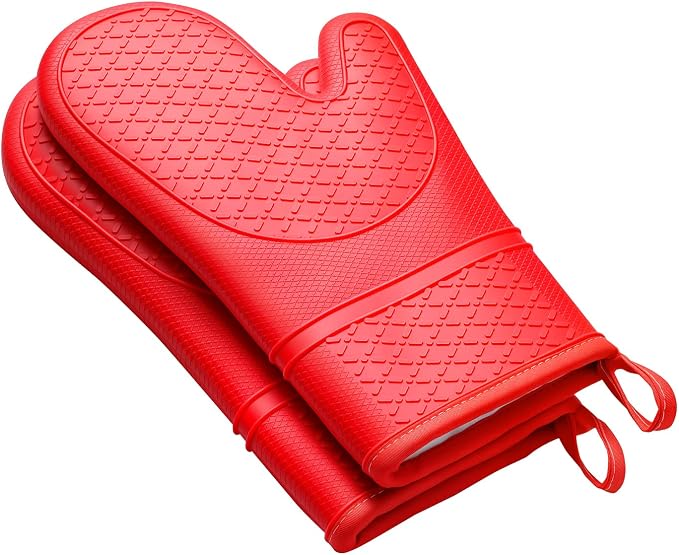 Heat Resistant Silicone Oven Mitts, Up to 500°F Protection for Baking & Grilling, 1 Pair (Red, Extra Thick)