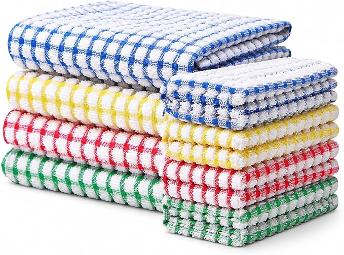 Egles 8 Pack Kitchen Dish Cloths and Dish Towels Set | 100% Cotton Terry Dishcloths, 12 x 12 Inch & 15 x 27 Inch, Scrubbing Wash Cloths