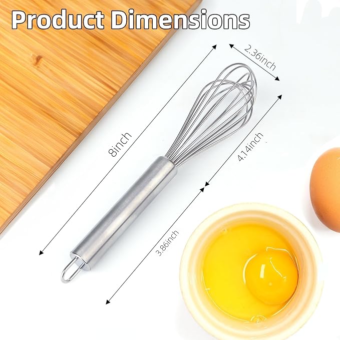 Stainless Steel Small Whisk for Cooking, 8 inches | 8 Thicker Wire Diameters, Bend and Break Resistant, which works great for cups and small containers