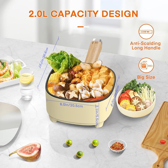 Audecook 2L Hot Pot Electric, Non-Stick electric pot, Portable Pot lazy | Dual Power Control Electric Pot For Cooking Steak, Egg, Ramen, Oatmeal & Soup | Portable Pot for Dorm, RV, Travel & Camping