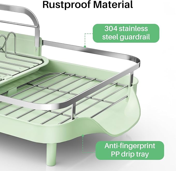 SAYZH Expandable Dish Drying Rack for Small Kitchen Counter, Green | Stainless Steel, Protective Guardrail, Angled Drainboard, Fits High-Rim Sinks, Removable Utensil Holder