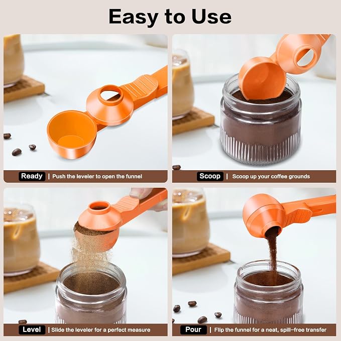 2-in-1 Coffee Scoop with Funnel, 2 Tbsp Measuring Spoon for Reusable K Cups, Ground Coffee, Protein Powder & Tea, Mess-Free Plastic Design（Orange-2pack）