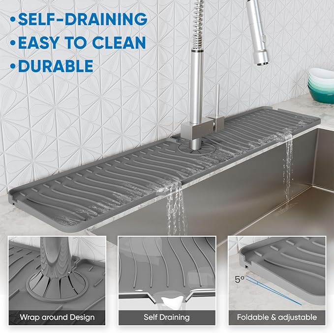 24 Inch Longer Faucet Mat for Kitchen Sink, Silicone Sink Faucet Mat Splash Guard 5° Slope Premium Kitchen Sink Splash Faucet Guard, Fast Self-Draining Mat (gray)