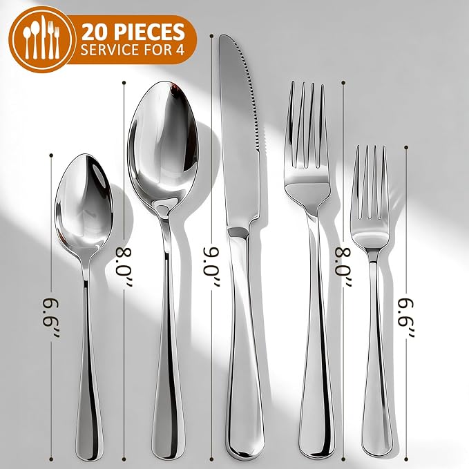 20 Piece Silverware Set, Kitchen Utensils Set for Restaurant & Home, Stainless Steel Cutlery Set, Flatware Set include Forks, Knives, Spoons, Household Essentials for New Home, Silver
