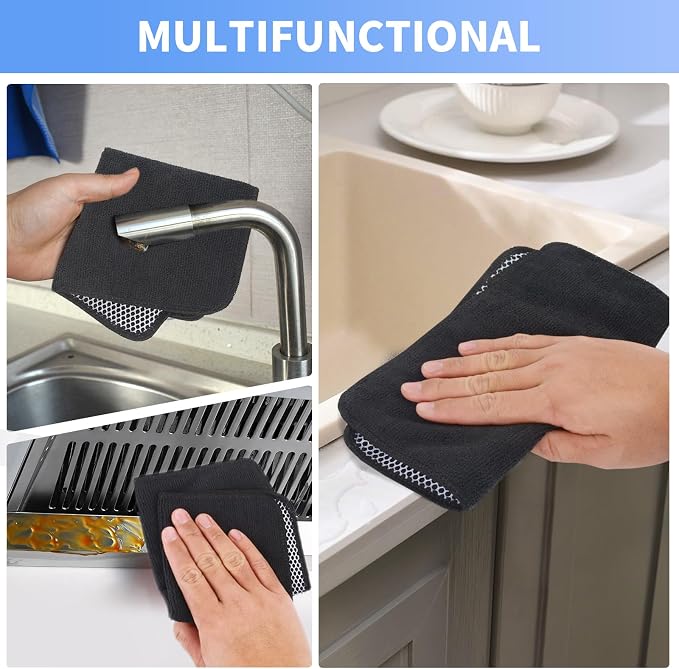 Dish Cloths for Washing Dishes with Scrub Side, Microfiber Dish Rags | Dual-sided microfiber dish cloths with scrubber for stuck-on food, quick dry kitchen washcloths 9 Pack, 9" x 9 Inch Black
