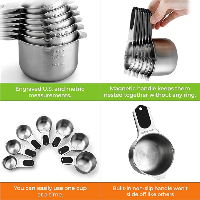 Spring Chef Magnetic Stainless Steel Measuring Cups Set of 7 Patented Black | Metal Measuring Cups for Measuring Dry or Liquid Ingredients, Easy to Read Markings, Dishwasher Safe Nesting Magnetic Cups