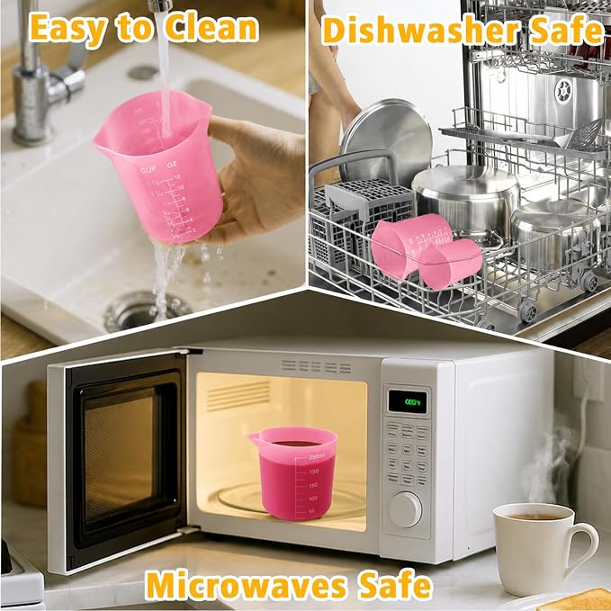 Palksky Silicone Cups for Melting Chocolate, 4PCS Pink Silicone Measuring Cups with 1 Cup & 1.5 Cup Capacity, Reusable Baking Supplies for DIY Chocolate Molds, Melting Chocolate