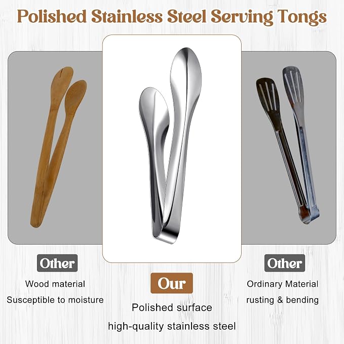 4 Pack Polished Stainless Steel Serving Tongs 9 Inch Metal Food Silver Tong for Buffet Salad BBQ Grilling Heavy Duty Kitchen Utensils for Cooking Catering Wedding Party