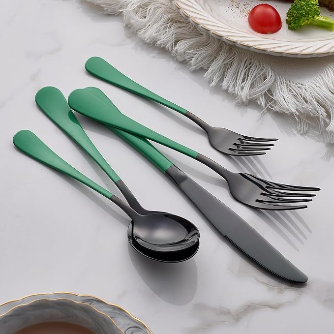 20-Piece Green Silverware Set 18/0 Stainless Steel Silverware Set Green Handle Cutlery Black Set Service for 4 Dinner Knives Forks Spoons Set Flatware SetFinish Dishwasher Safe