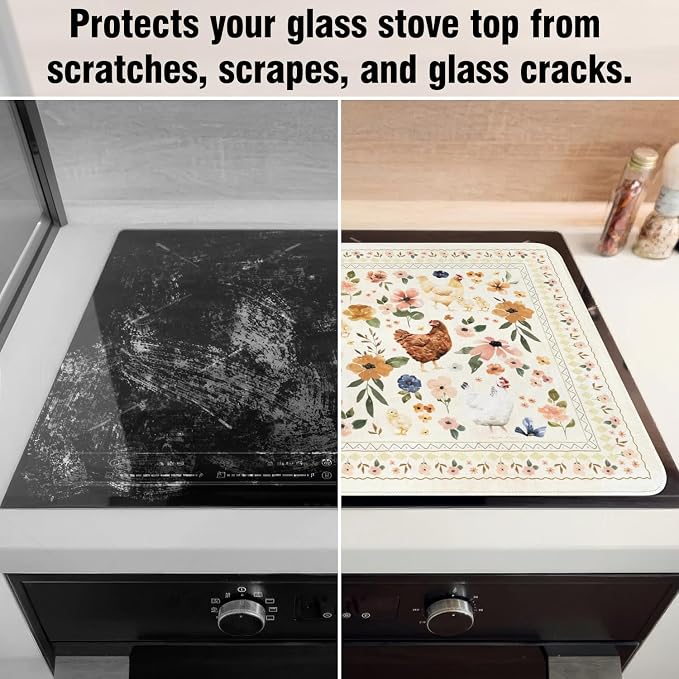 Boho Glass Stove Top Cover for Electric Stoves,Watercolor Chicken Hens Floral Farmhouse Stove Top Cover for Kitchen Decor,Heat Resistant Cooktop Protector Mat,Non-Slip Washable Dish Drying Mat 28"x20"