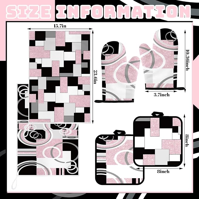 Jingmore 6 Pcs Kitchen Decor Set Accessory Farmhouse Kitchen Towels Pot Holders Oven Mitts Set 2 Dish Towels 2 Pot Holders 2 Cooking Mittens Oven Glove for Cooking (Pink, White, Black,Geometric)