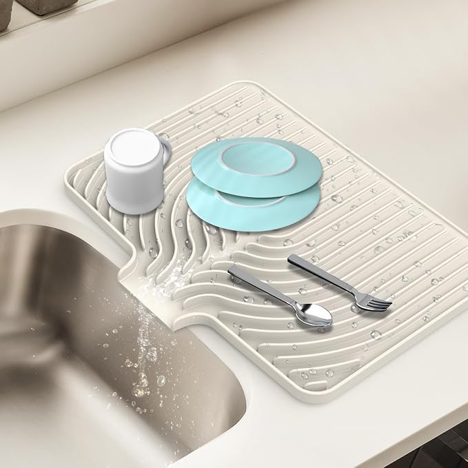 Dish Drying Mat for Kitchen Counter, with Built-in Drain Lip, Food-Grade Silicone, Easy Clean Pad for Countertop Protection, Multi-Functional Use (18x11.8, Beige)