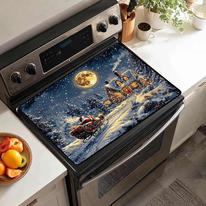 Santa Claus Sled Electric Stove Top Cover Protector,Heat-Resistant Oven Induction Cooktop Mat,Washer Top Protector,Christmas Eve Glass Cooktop Protector 28.5”x 20.5”