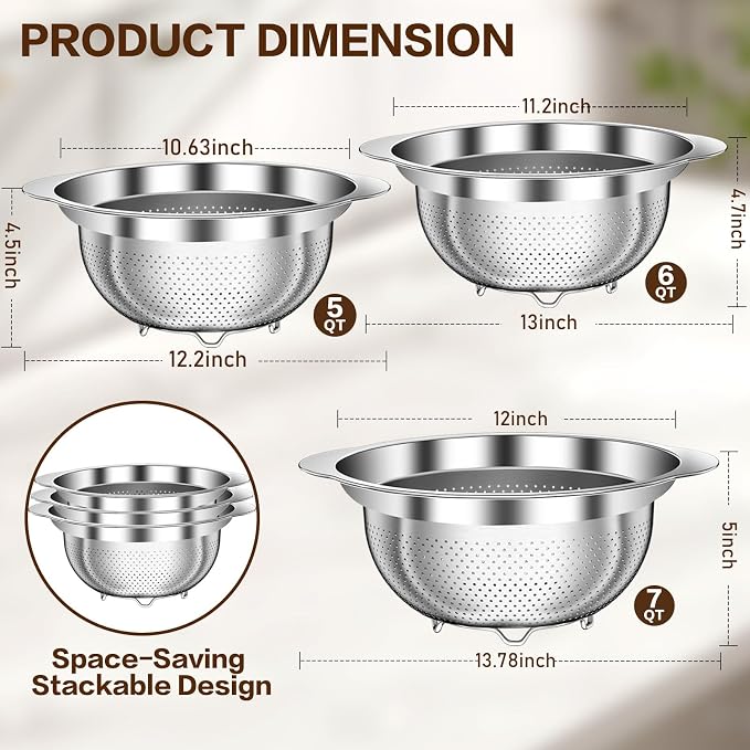 Large Strainers and Colanders, Big Stainless Steel Colanders for Kitchen, Stainless Steel Strainer Set of 3 (7 QT, 6 QT, 5 QT) for Draing Pasta Spaghetti Fruit Vegetable