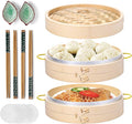 MacaRio 10 Inch Bamboo Steamer Basket Set Dumpling Steamer for Cooking | 2-tier with lid side handles chopsticks ceramic sauce dishes 50 paper liners for dumplings buns vegetables