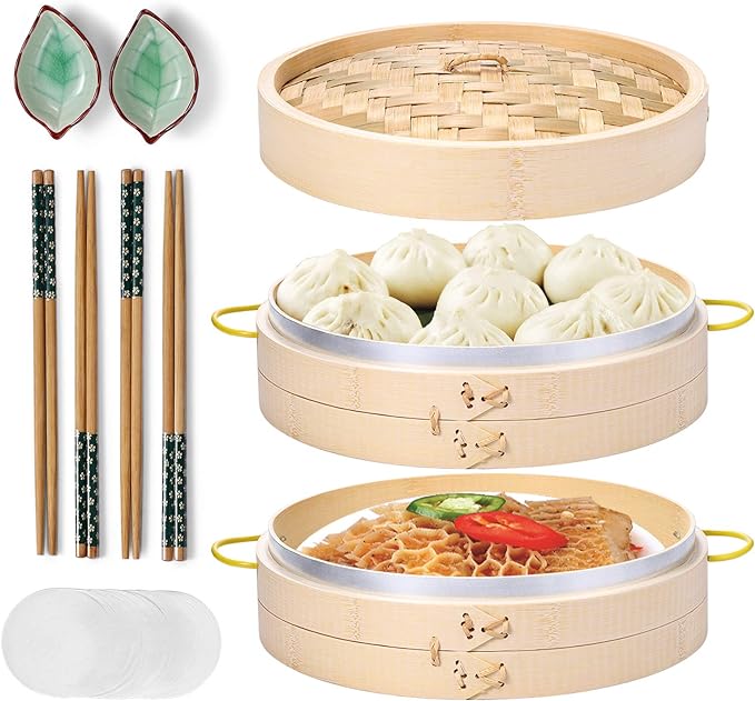 MacaRio 10 Inch Bamboo Steamer Basket Set Dumpling Steamer for Cooking | 2-tier with lid side handles chopsticks ceramic sauce dishes 50 paper liners for dumplings buns vegetables