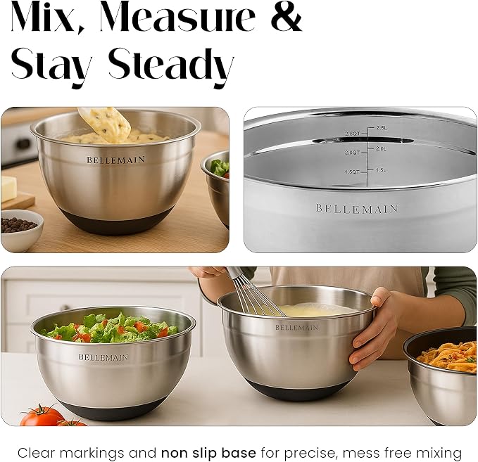 Bellemain Stainless Steel Mixing Bowls with Airtight Lids Set - Set of 3 | Non-slip Silicon Base, Kitchen Essentials for Baking & Serving (Mix, Serve, and Store), Rust resistant, Dishwasher Safe