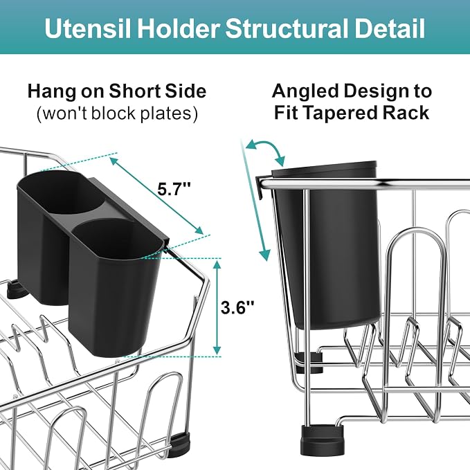 Small in Sink Dish Drying Rack - Stainless Steel for RV Kitchen | Compact Design, Rust-Resistant, Angled Corners Fit Square & Round Sinks, Removable Utensil Holder, Cup Hooks, 13.1"W x 14.4"L