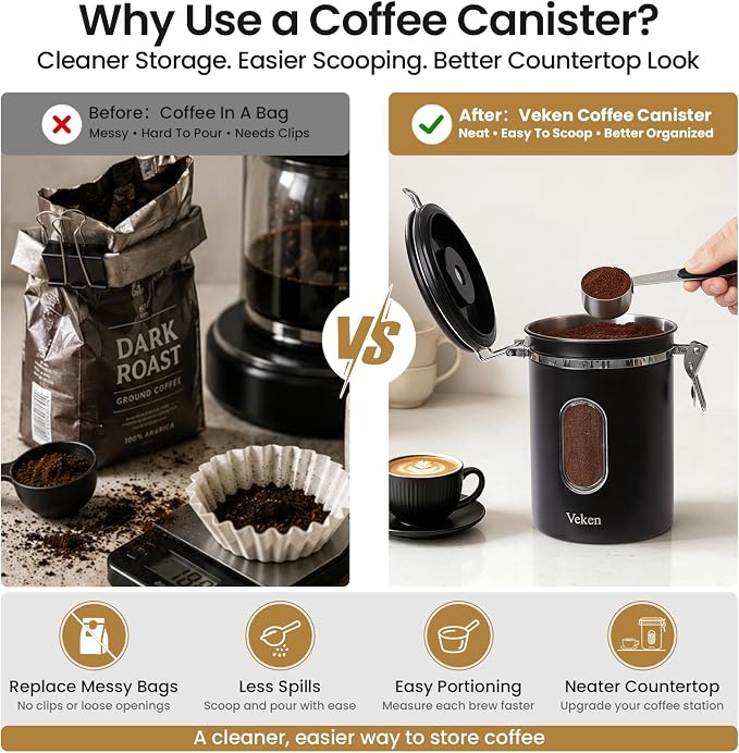 Veken Coffee Canister with Window, Airtight Stainless Steel Container, 22OZ | Kitchen Food Storage Pantry Organizers for Beans,Ground,Espresso,Rice,Tea,Sugar,Bar Accessories,Gifts,Lids,Jars, Scoop, Black