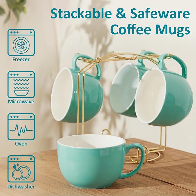Teocera 16oz Large Coffee Mugs Set of 4 - Thick Mint Green Porcelain Cups for Cappuccino, Latte, Tea & Hot Chocolate - Dishwasher Safe Ceramic with Comfort Grip Handles