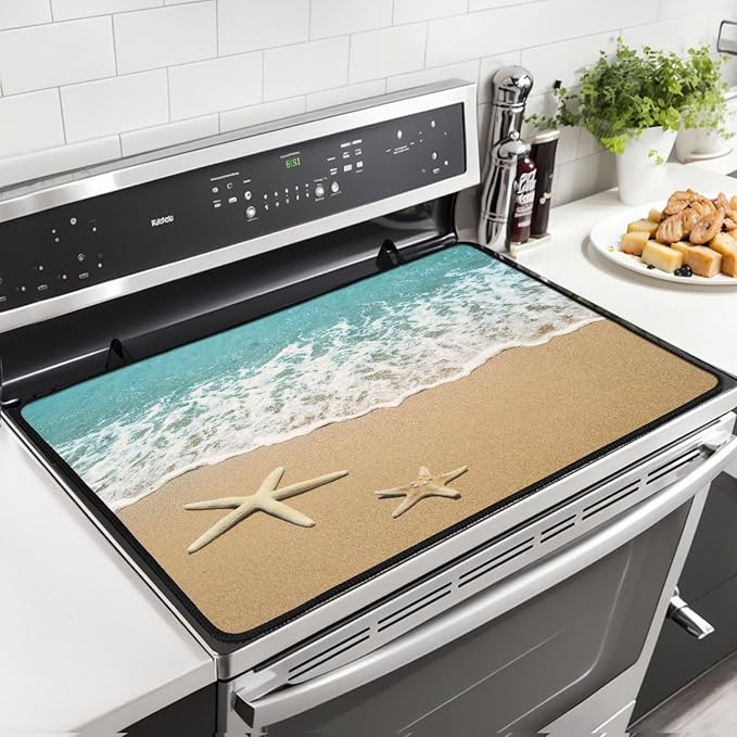 Beach Starfish Sea Stove Top Covers for Electric Stove, Coastal Sandy Seaside Glass Stovetop Cover with Lanyard Nautical Ocean Themed Countertop Protector Mat for Kitchen 28 x 20 Inch