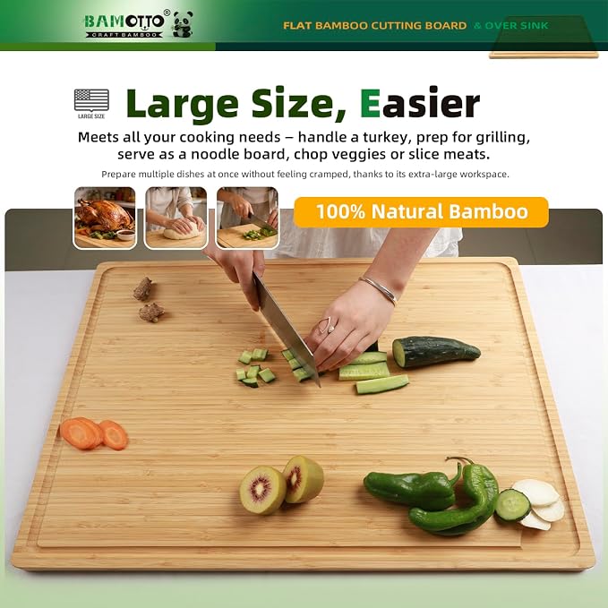 BAMOTTO CRAFTBAMBOO Extra Large Bamboo Cutting Board 24"x18" | Juice Groove | Handles | 100% Natural Bamboo Flat Board for Meat Carving, Charcuterie, Cheese Bread & Daily Kitchen Prep
