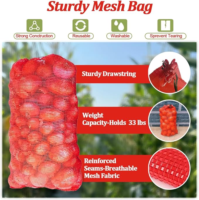 10Pcs 31''x20'' Extra Large Mesh Produce Bags, Red Storage Bag for Onions | Heavy-Duty Mesh Bags,Holds Up to 33 lbs for Storing Onions, Potatoes, Fruits, Crawfish, Seafood and Firewood Storage