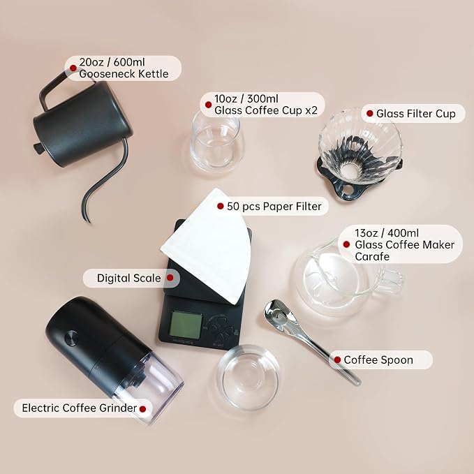 Pour Over Coffee Dripper Set, Coffee Pour Over Maker Kit with Kettle | Coffee Kit Includes Coffee Scale, Coffee Bean Grinder Electric, Glass Drip Coffee Maker and Filter, Coffee Set for Gift