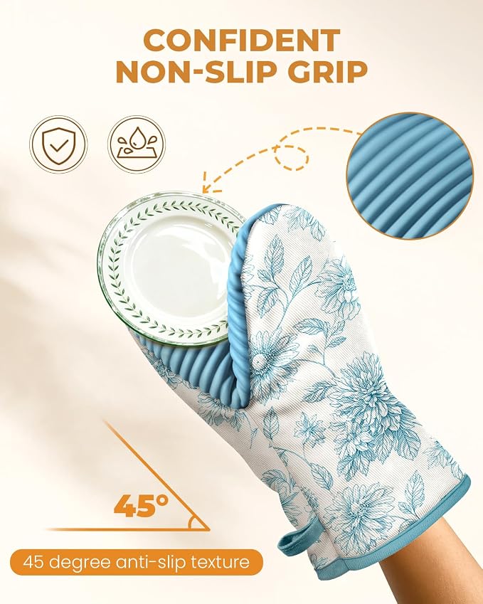 100% Thick Cotton Oven Mitts Ribbed Soft Silicone Blue Floral | Aesthetic Oven Mitts for Women, Machine Washable Non-Slip Kitchen Mitts, Reversible for Both Hands, Stylish Kitchen Decor