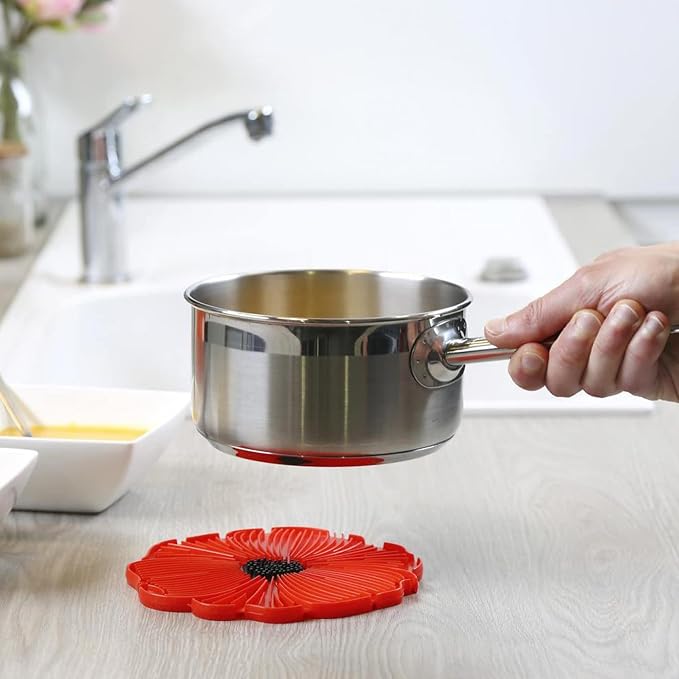 Poppy Red Food Safe Silicone Trivet - 6''/15cm - Withstands Temperatures up to 220°C / 428°F - BPA-Free, Plastic Free, Food-Grade Silicone - Microwave and Dishwasher Safe