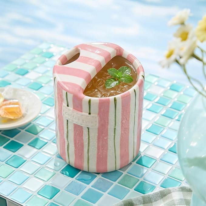 1 Pack Ceramic Mug with Sip Hole, Simple, Pink and Green | 10oz Ceramic Coffee Cup with Straws, Retro Hand Painted Striped, for Iced Coffee Tea Latte Espresso, Kitchen Dining Travel