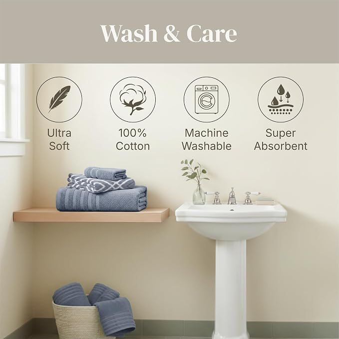 Modern Threads 6 Piece Bath Towel Set – Bathroom Set with 2 Bath Towels, 2 Hand Towels, and 2 Wash Cloths – 100% Cotton, Super Absorbent & Extra Soft – Reversible Classic Diamond (Blue)