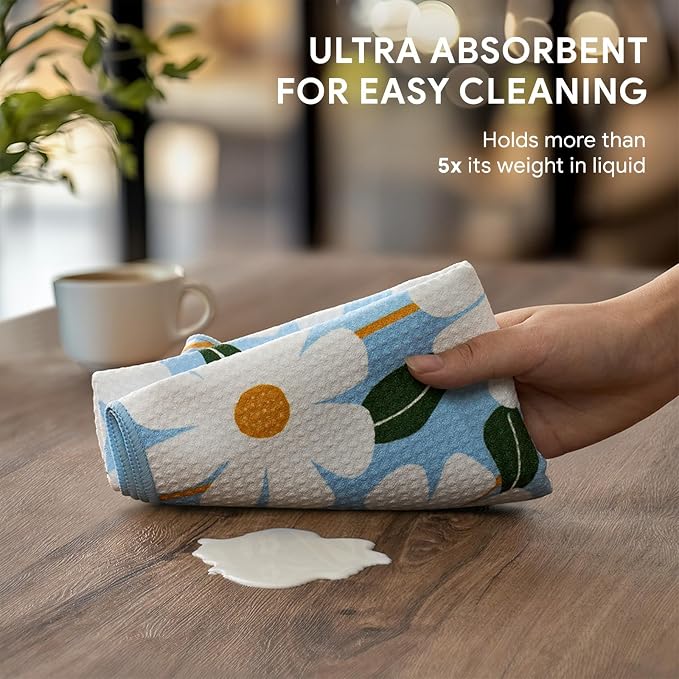 RECYCO Waffle Kitchen Towel Set of 2 - Quick Dry Microfiber Sustainable Dish Towels - Ultra Absorbent Reusable Cleaning Tea Towels - Lightweight Hand Towels,16”x 28”, Daisy Dreams