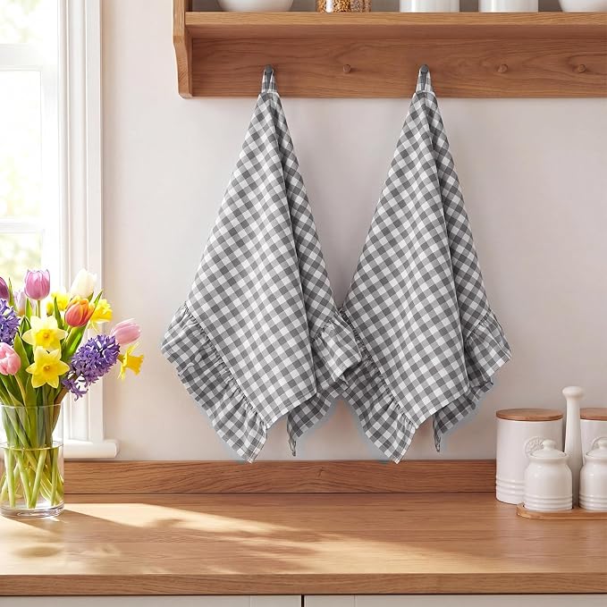 HunnmingRe 2 Pcs Gray Gingham Kitchen Towels Cotton Ruffled | Checked Dish Towels 18"x28" Tea Cloths Plaid Cottage Core Kitchen Decor for Farmhouse Charm Drying Dishes Entertaining Guests