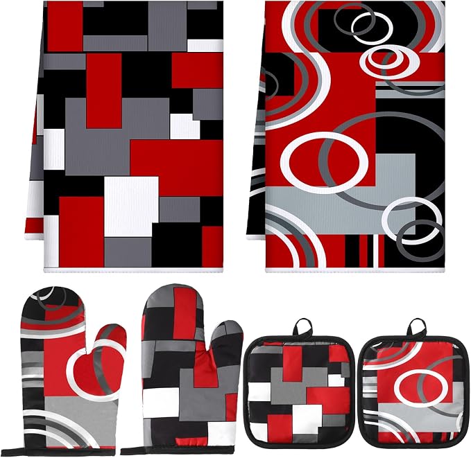 Jingmore 6 Pcs Kitchen Decor Set Accessorie Farmhouse Kitchen Towels Pot Holders Oven Mitts Set 2 Dish Towels 2 Pot Holders 2 Cooking Mittens Oven Glove for Cooking(Red and Black,Geometric)