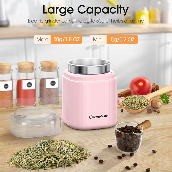 Hermolante Herb and Spice Grinder, 200W Electric With Stainless Steel Blade, Cleaning Brush - Compact Size 5.11in (Pink)