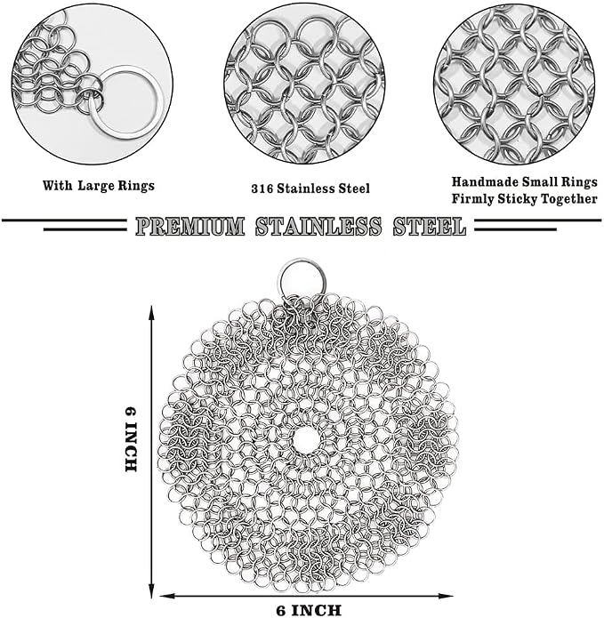 Cast Iron Skillet cleaner 316L Stainless Steel Chainmail Scrubber for Cast Iron Pans,Glassware Dutch Oven Skillet Wok