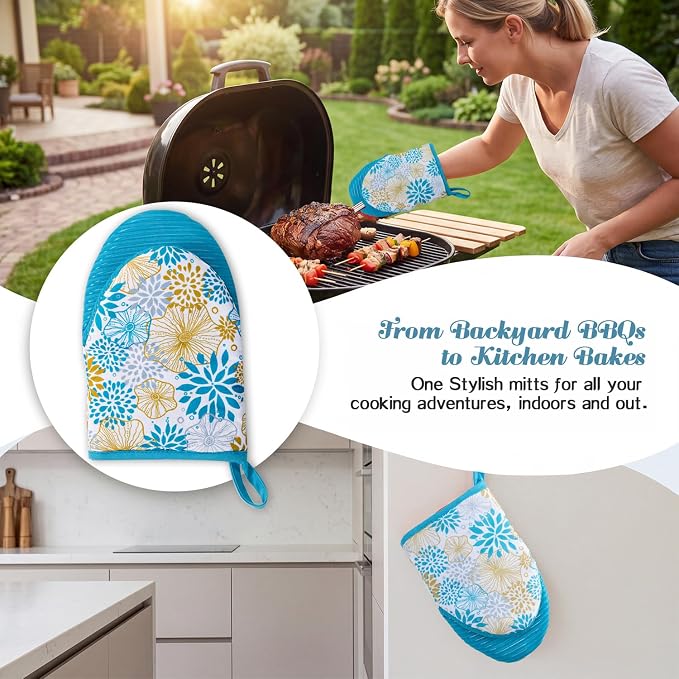 Ribbed Mini Oven Mitts 2-Pack Set, 5.5"x8.5", Teal Mandala Printed, Heavy Duty Cotton, Non-Slip Heat Resistant Soft Silicone Oven Mitts with Hanging Loop for Cooking Kitchen Decor