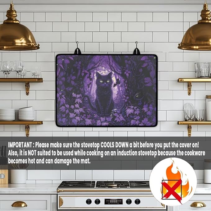 Dark Cat Stove Top Covers for Electric Stove, Fashion Cute Stove Top Cover Protector, Heat Resistant Silicone Stove Mat, Wear Resistant Range Ceramic Gas Burners Mat Halloween Decor