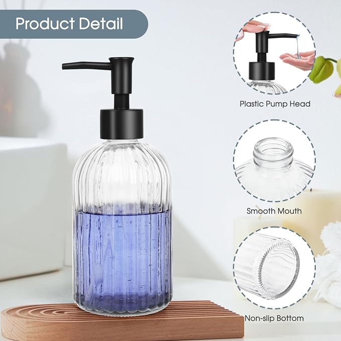 Topsky Glass Soap Dispenser with Plastic Pump, 400ml Liquid Hand Soap Dispenser, Rustproof Pump for Kitchen & Bathroom, Great for Lotions, Essential Oil, Liquid Soaps,Transparent