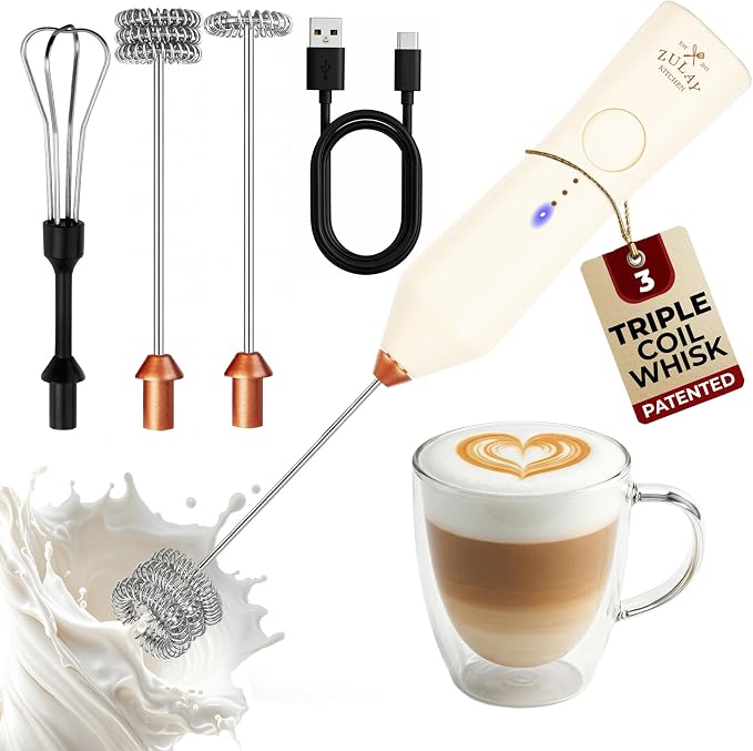 Zulay Kitchen Rechargeable Milk Frother Handheld - Frother Wand, Drink Mixer, Electric Whisk Frother, for Cappuccinos, Matcha & Protein Powder - Dynamic 3 Whisk, 3 Speed 500mAh Cream Gold