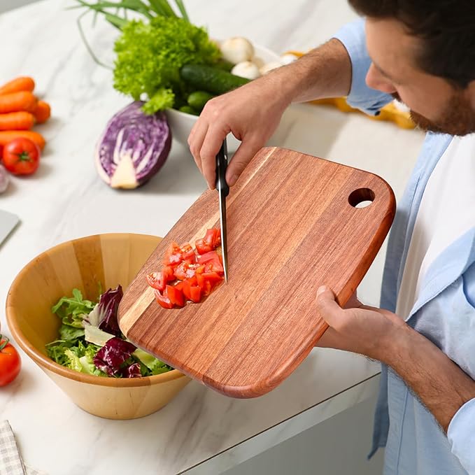 Small Acacia Wood Cutting Boards for Kitchen with Hanging | Medium Wooden Cutting Board for Vegetables, Fruit, Bread, Meat, Cheese, Charcuterie - BPA Free, 10" x 8"