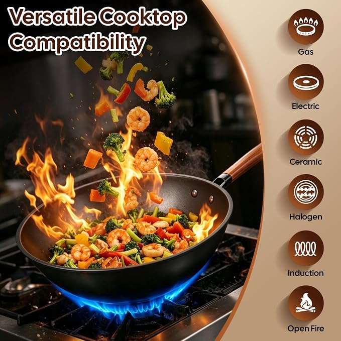 AOSION 13'' Carbon Steel Wok, 12 Piece Wok Pan & Stir-Fry Pans Set with Lid | No Chemical Coated Flat Bottom Chinese Wok Pan